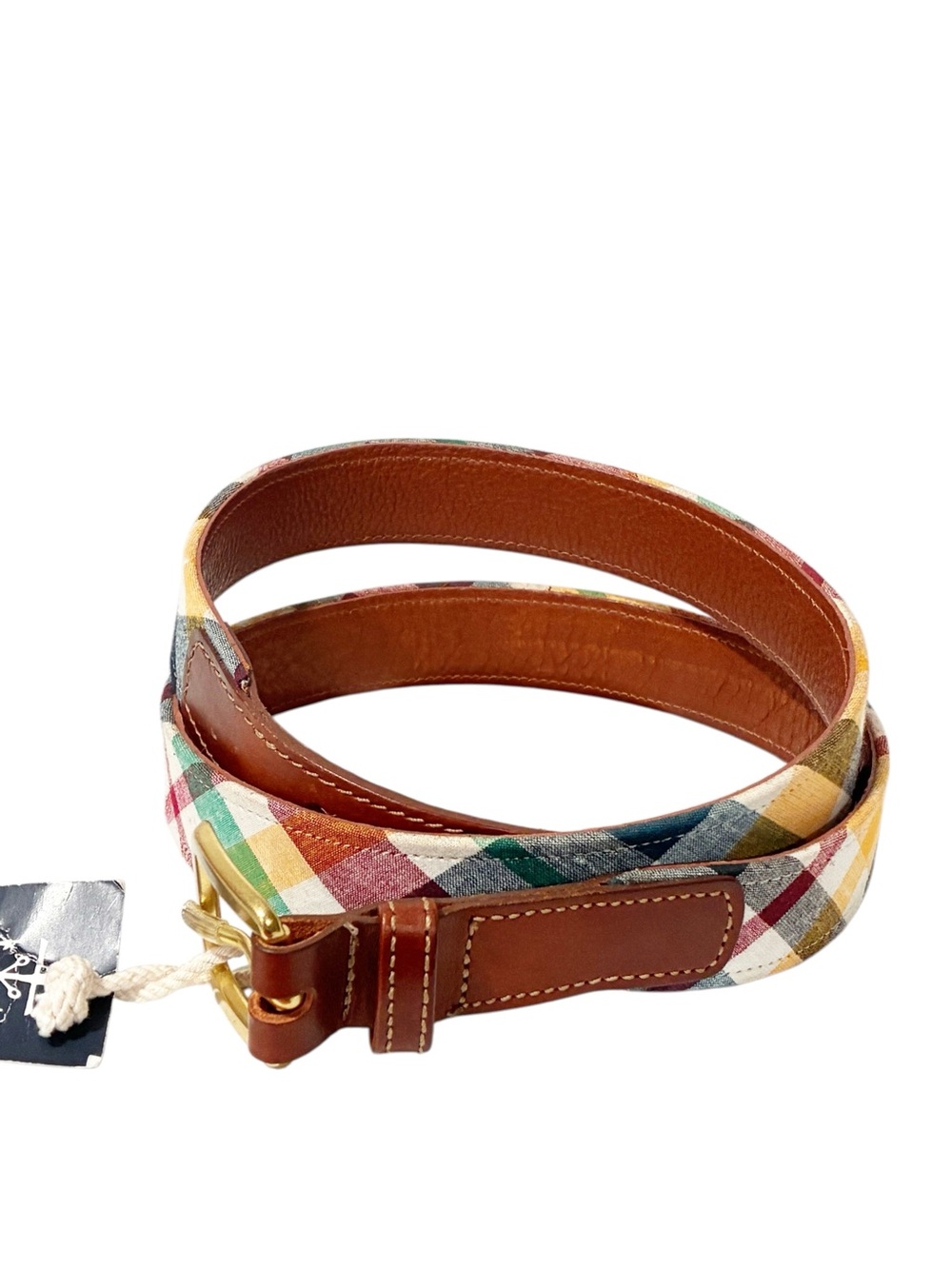 Kiel James Patrick Brown Leather Multi Color Plaid Belt Size 38 NEW